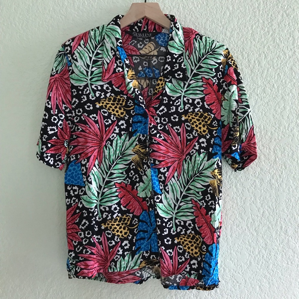 Vintage floral & leopard button down blouse.